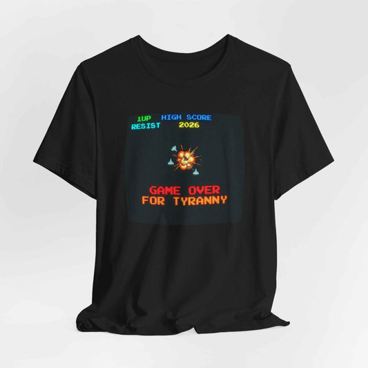 RESIST Game Over for Tyranny T-Shirt, Retro Arcade Pixel Art Tee, Vintage Gamer High Score Statement Shirt, 8-Bit Explosion Spaceship