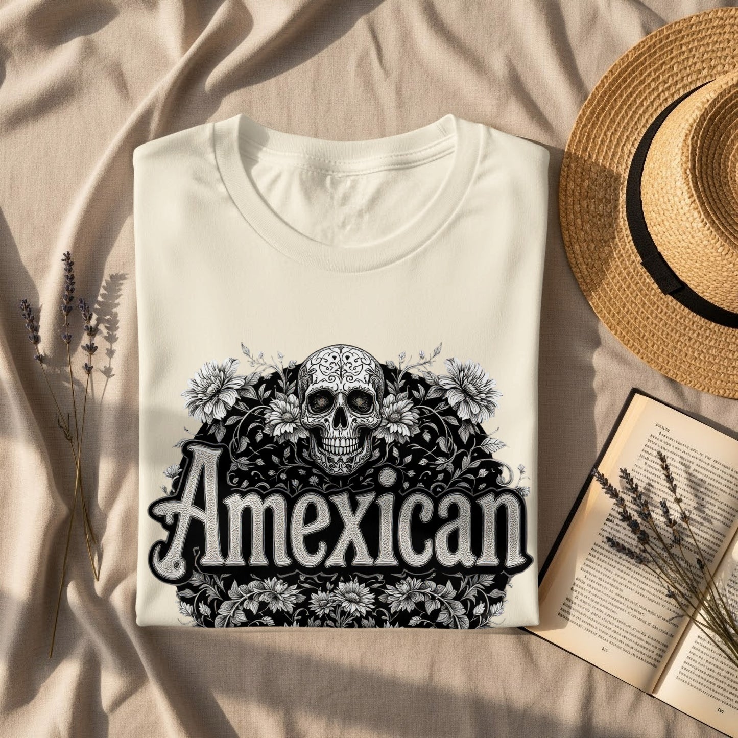 Amexican Skull and Flowers Graphic T-Shirt product