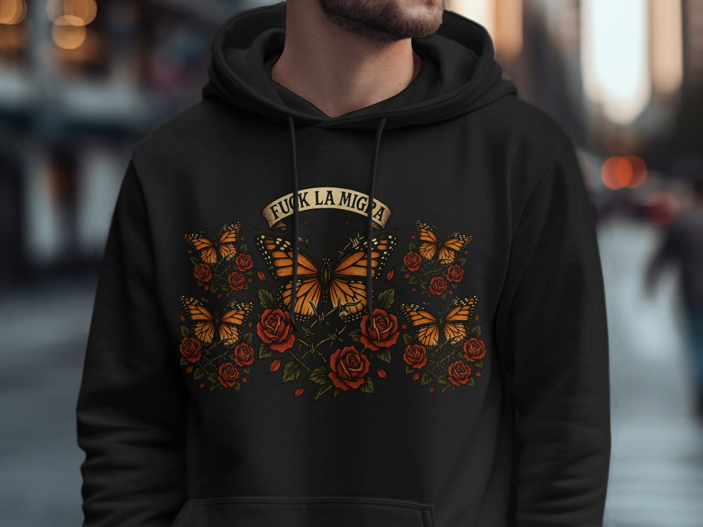 Butterfly and Roses Design on Black Apparel product type