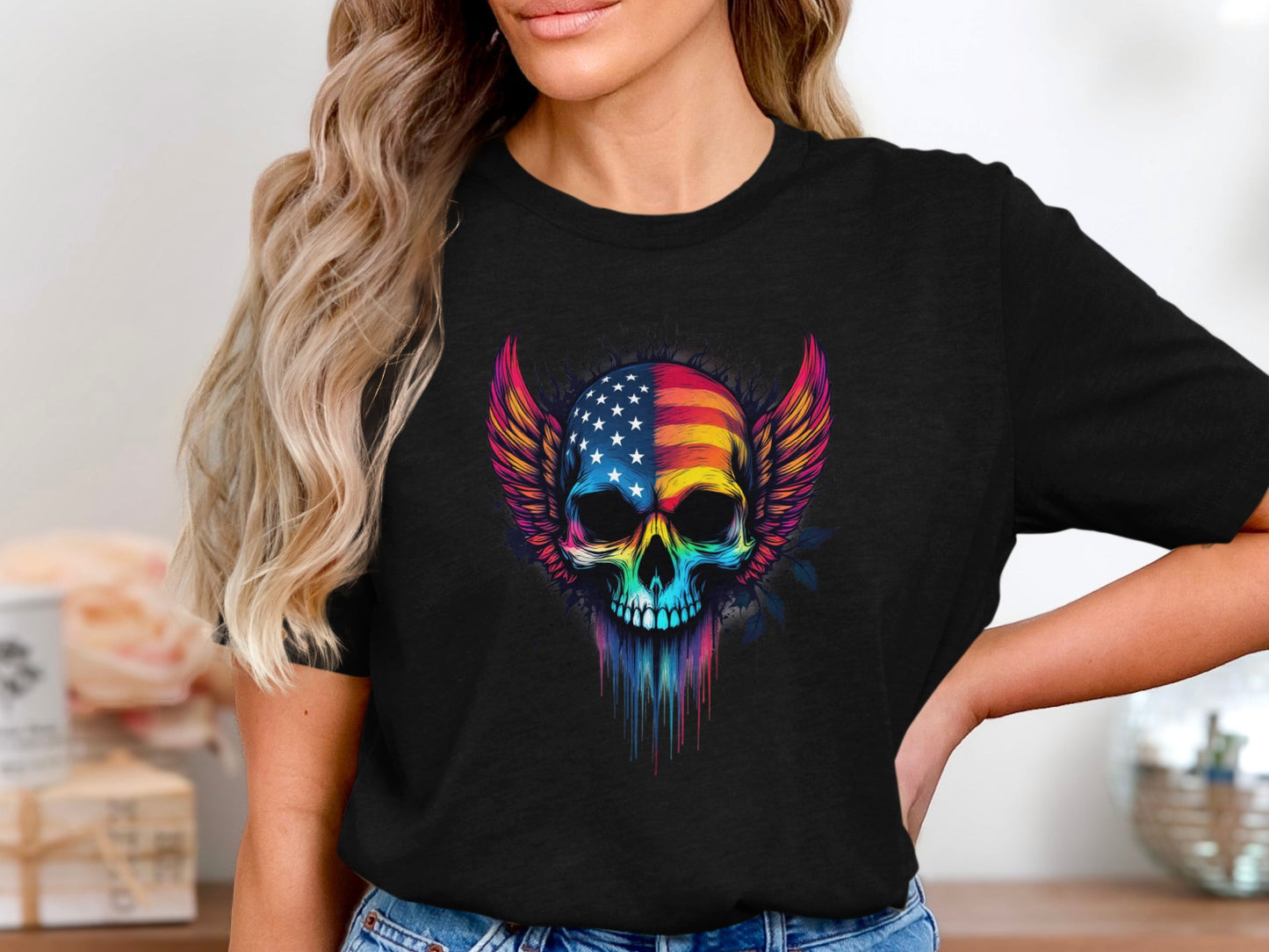 Vibrant Skull with American Flag Graphics Shirt product