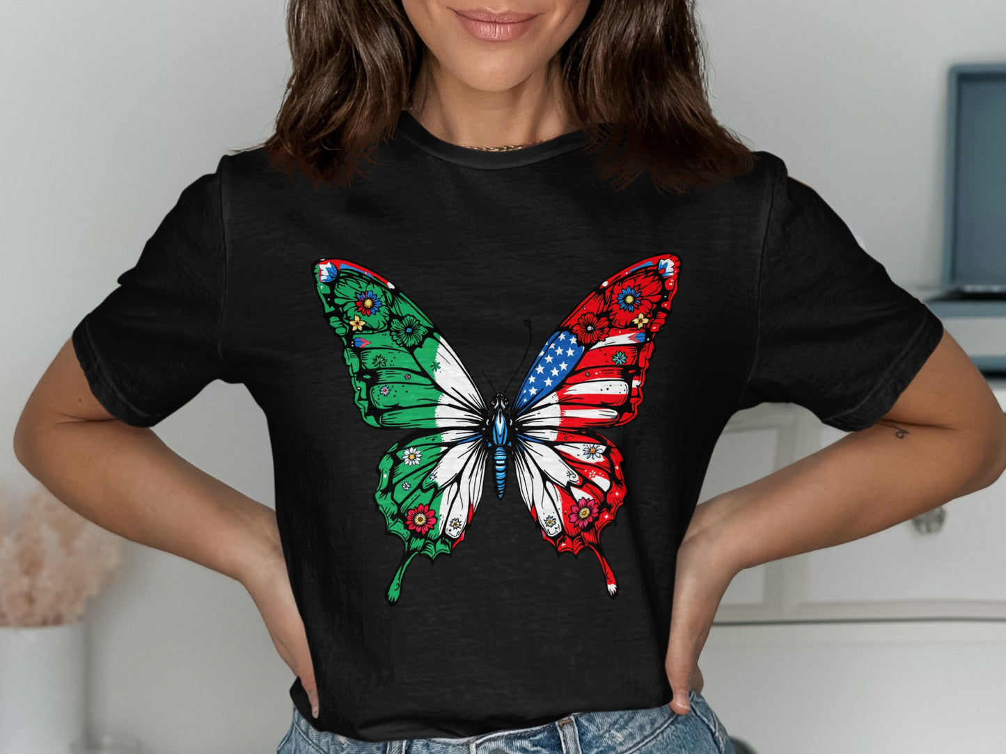 Mexican American Flag Butterfly Design T-shirt product