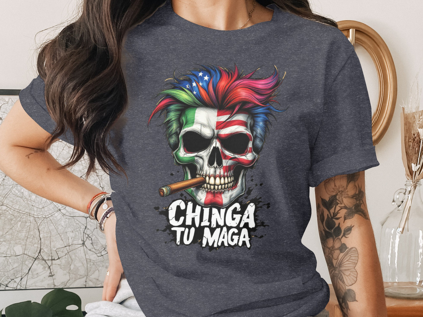 Colorful Skull Graphic Chinga Tu Maga T-Shirt product type