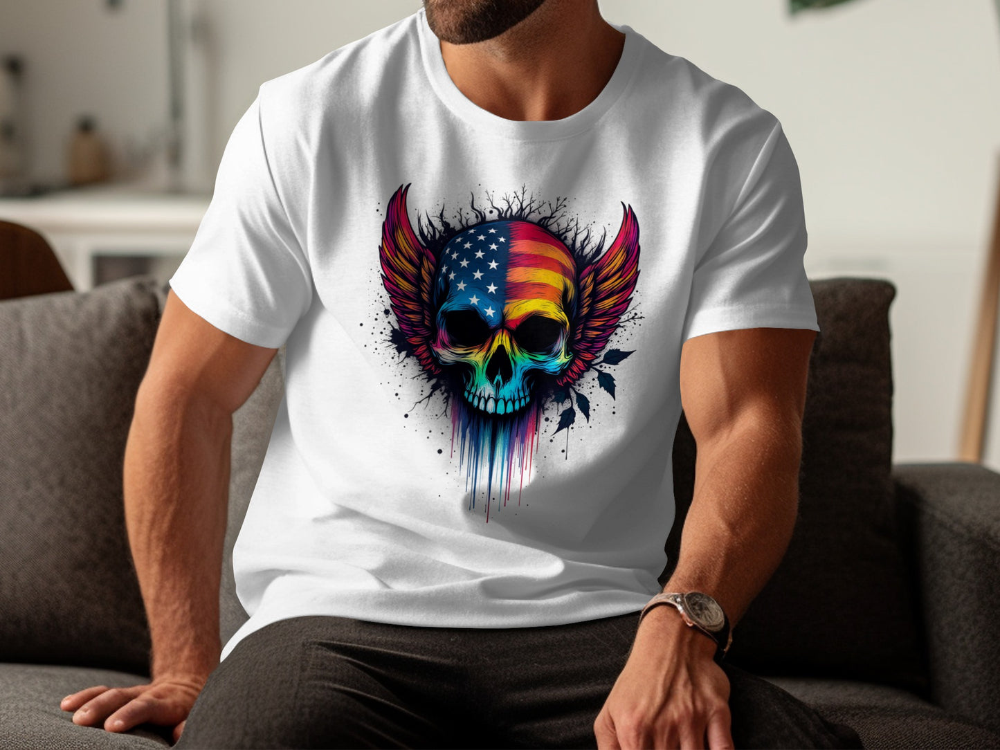 Abstract Colorful Skull with Wings Design T-shirt Product