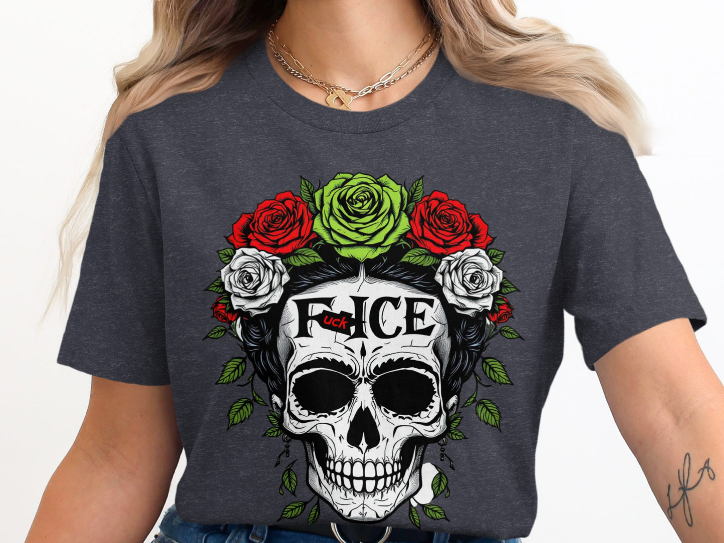 Edgy Skull With Roses Graphic T-shirt product
