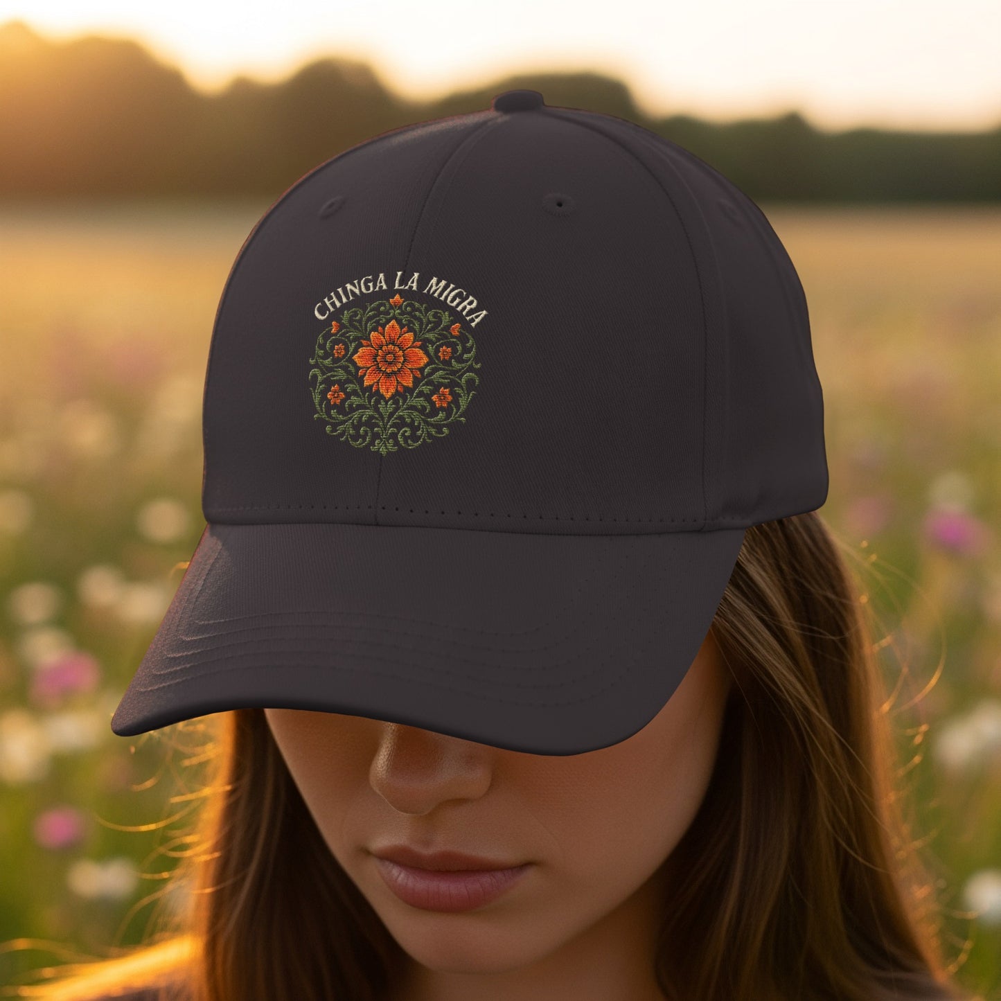 Floral Emblem Cap with Bold Message Hat product