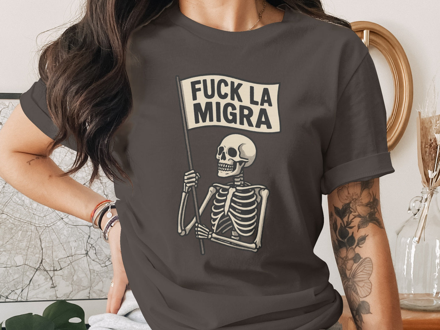 Fuck La Migra Skeleton with Flag Graphic Tee product