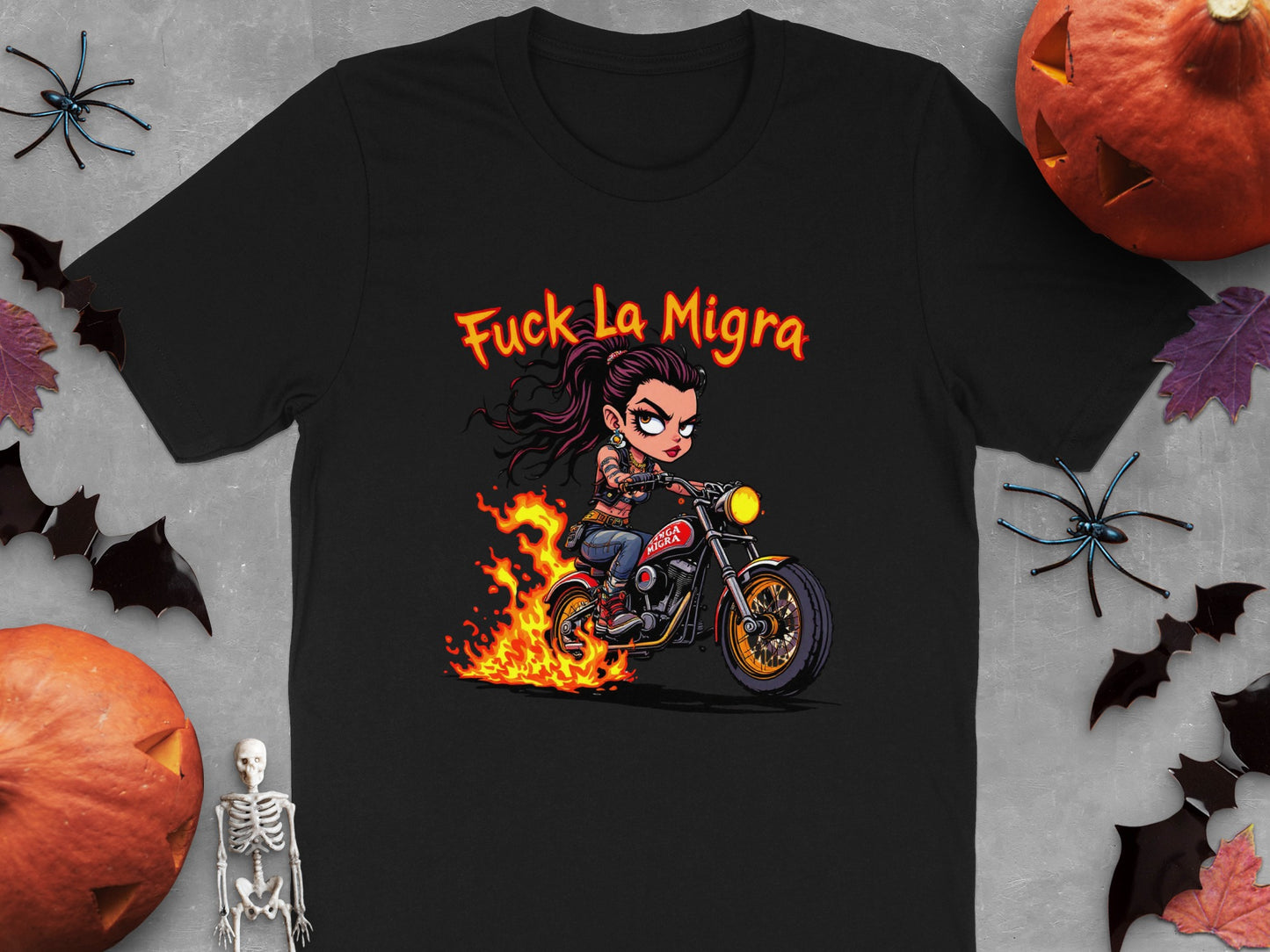 Fiery Biker Against La Migra Graphic T-shirt product