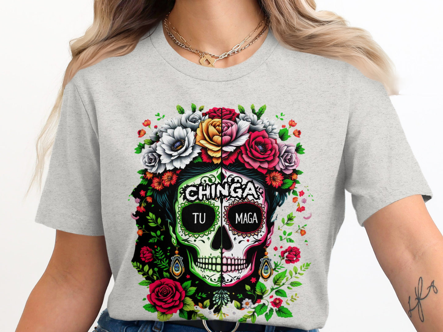 Colorful Floral Sugar Skull Design T-Shirt product