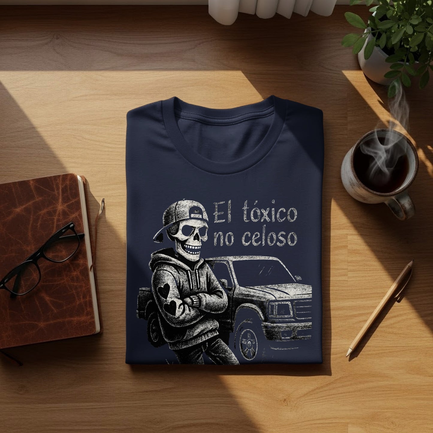 El tóxico no celoso skeleton and truck print shirt