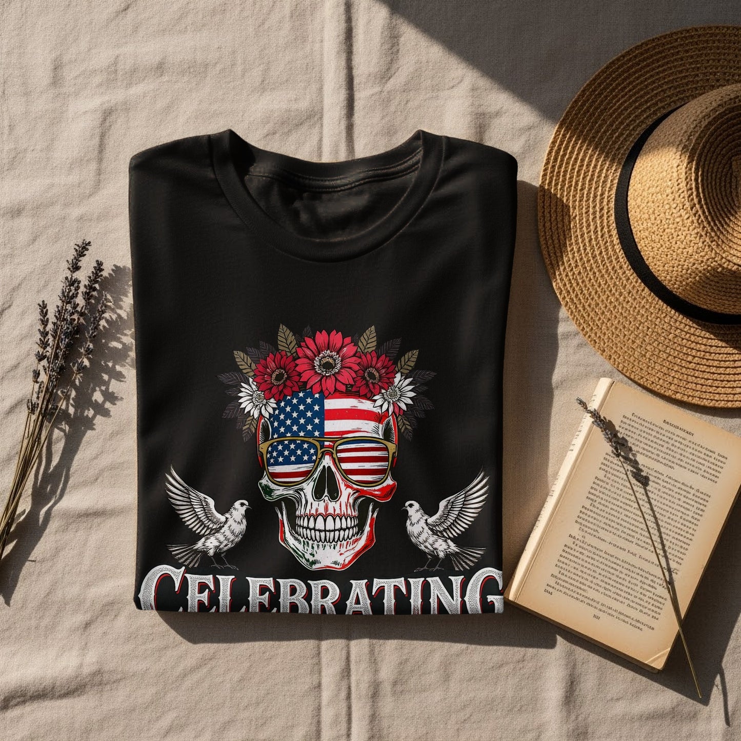 Celebrating American Flag Skull Graphic Tee product