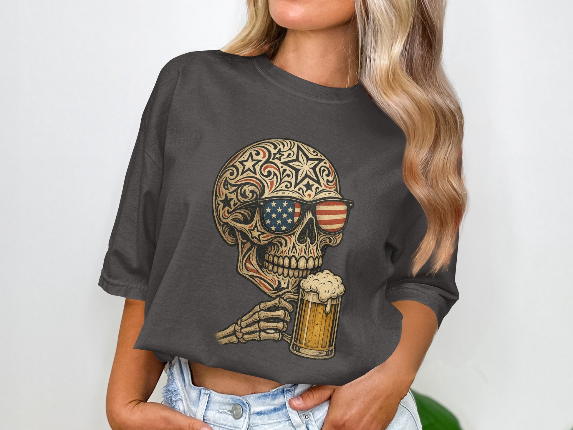 Cool Skull with Beer and American Flag Graphic Shirt product type