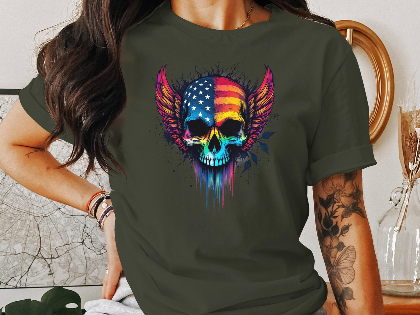 Colorful Skull with Wings American Flag Graphic T-Shirt