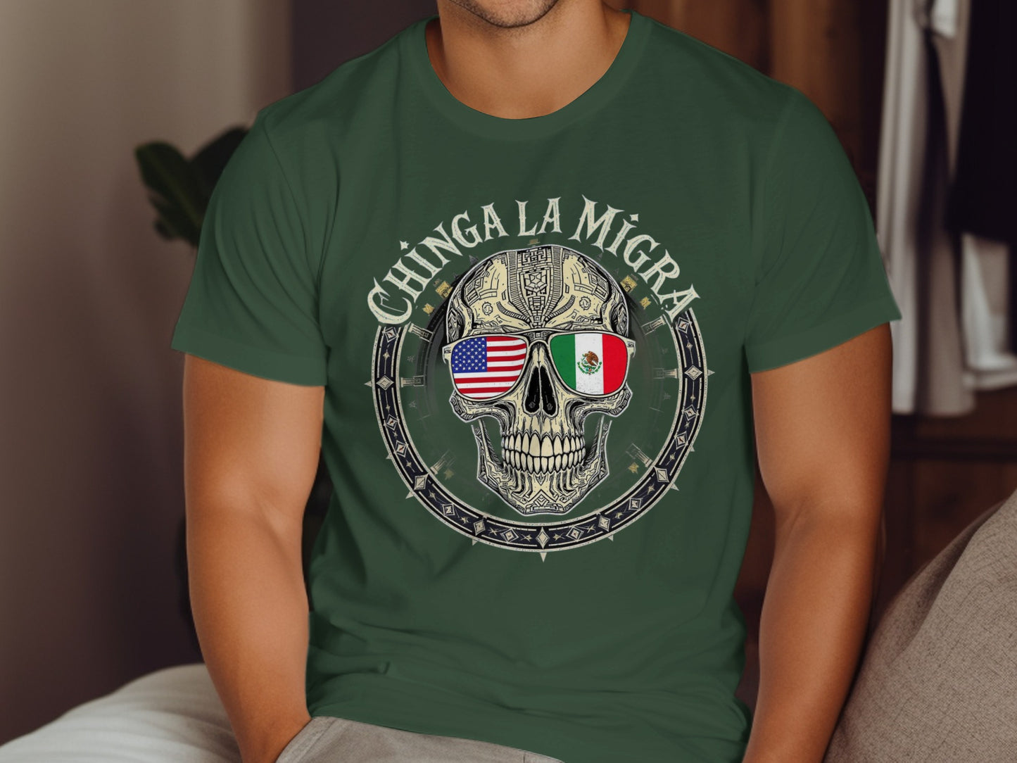 Chinga La Migra Skull With Flags Graphic Tee product