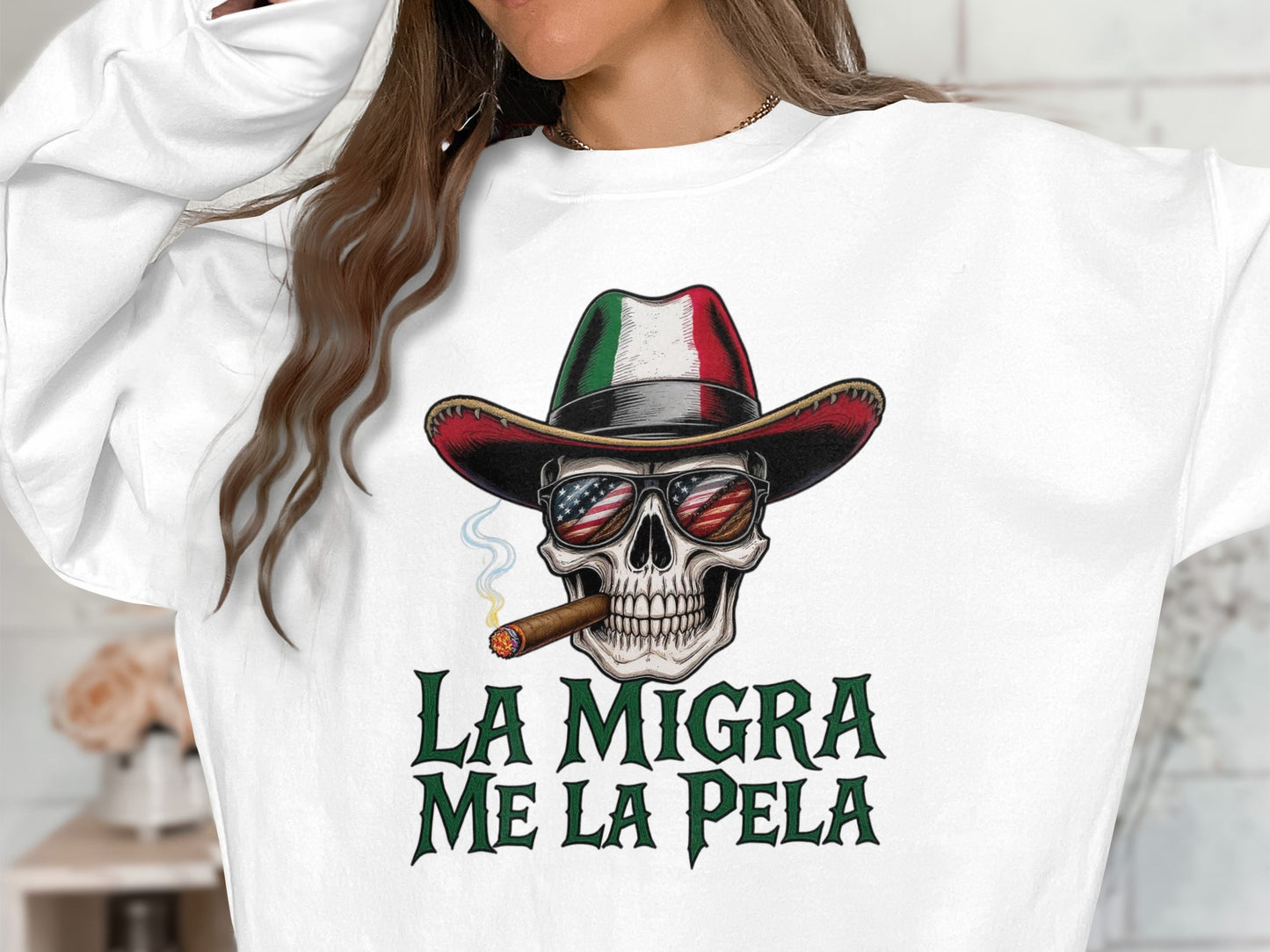 La Migra Me La Pela Graphic Skull Sweatshirt product type