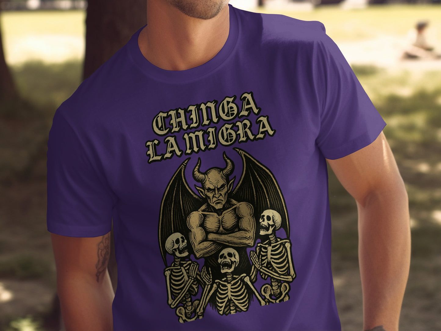 Chinga La Migra Devil and Skeletons Graphic T-shirt product type