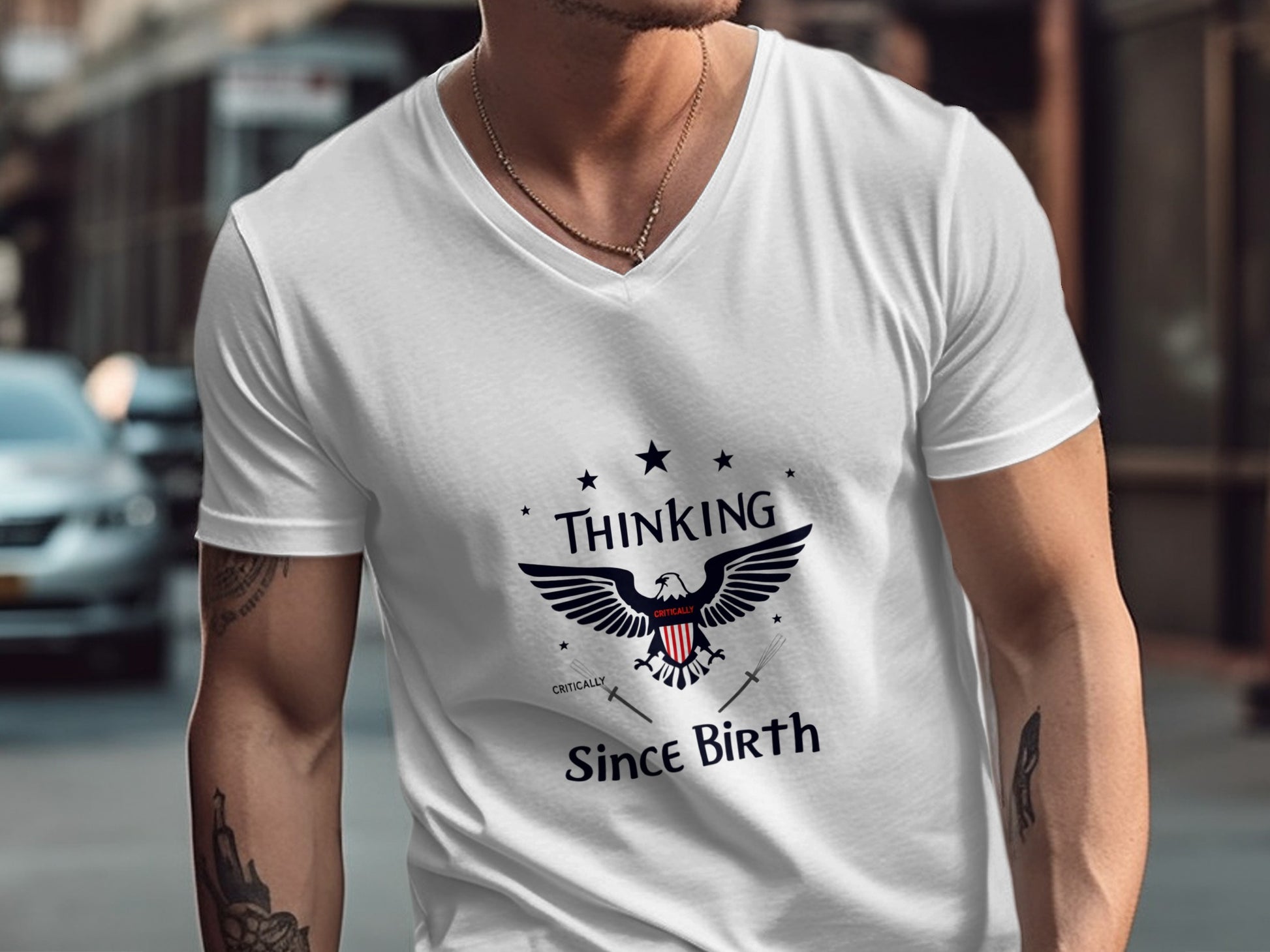 Thinking Since Birth V Neck White T Shirt product type