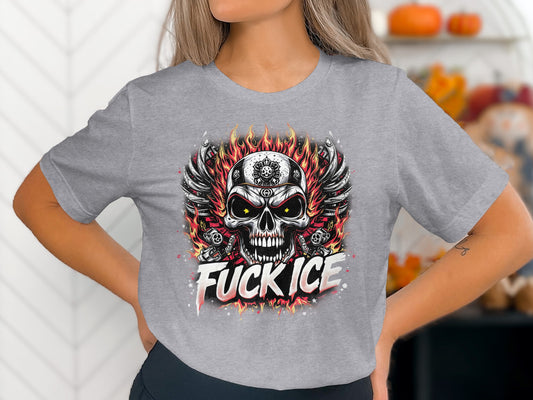 Skull Flame Graphic Fuck Ice Text T-Shirt