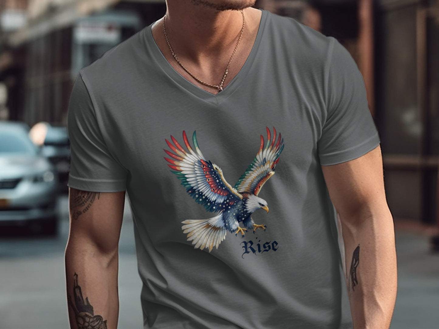 Rise Graphic Eagle Design V-Neck T-Shirt product