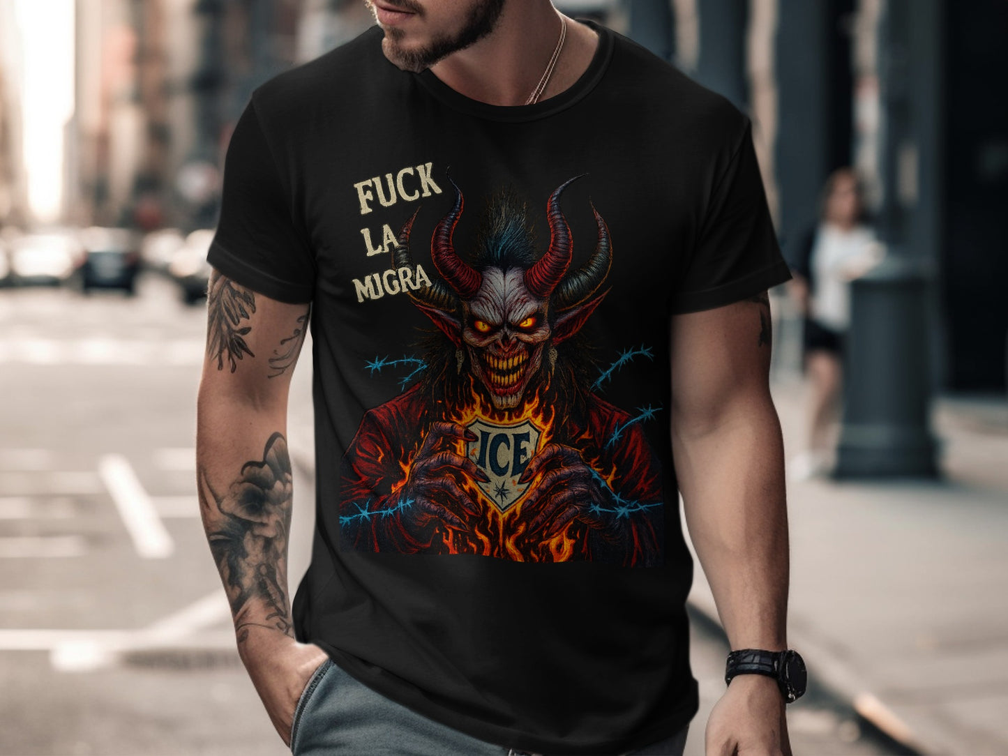 Horned demon figure with barbed wire graphic product type