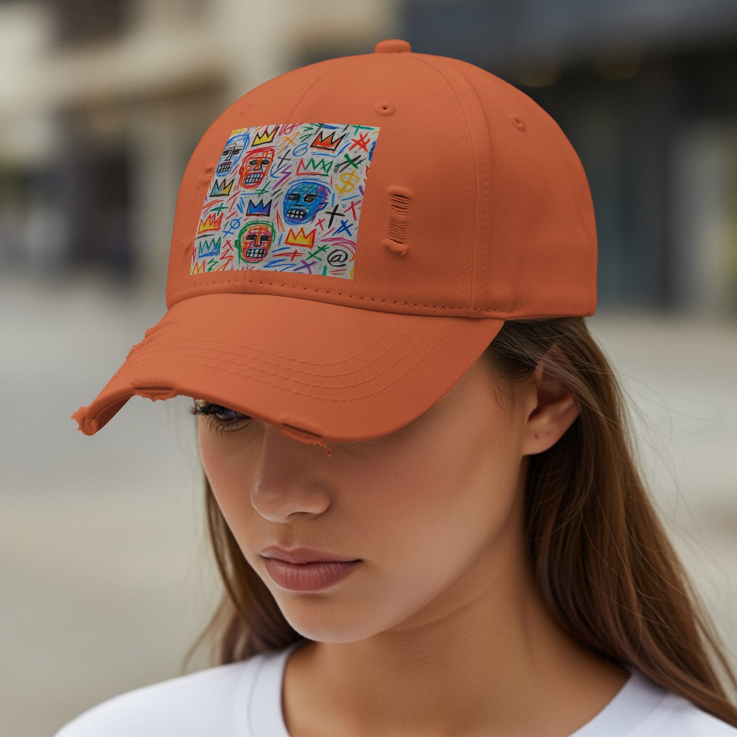 Embroidered Geometric Design Distressed Orange Cap product