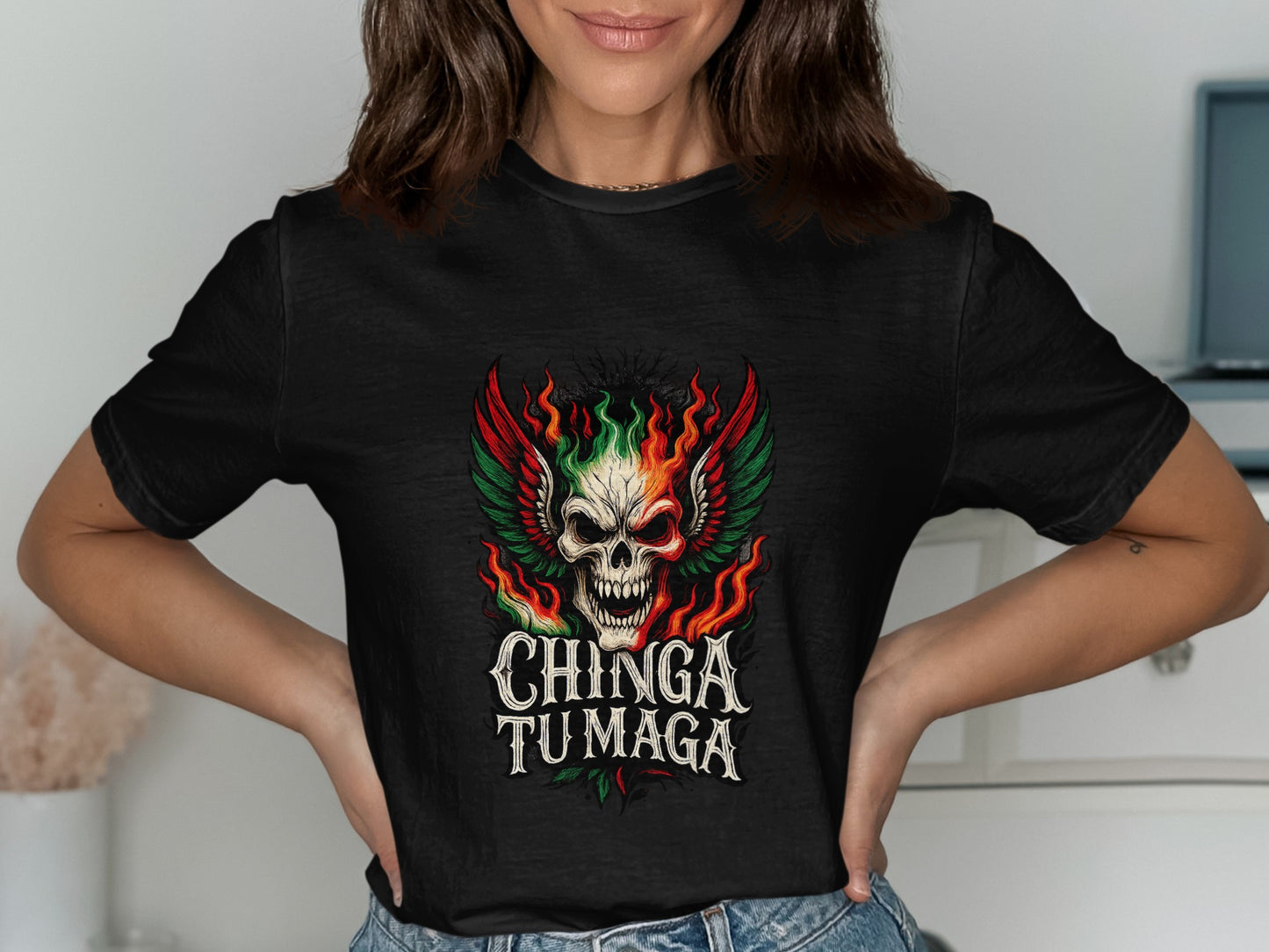 Chinga Tu Maga Skull Design Graphic Black T-shirt product