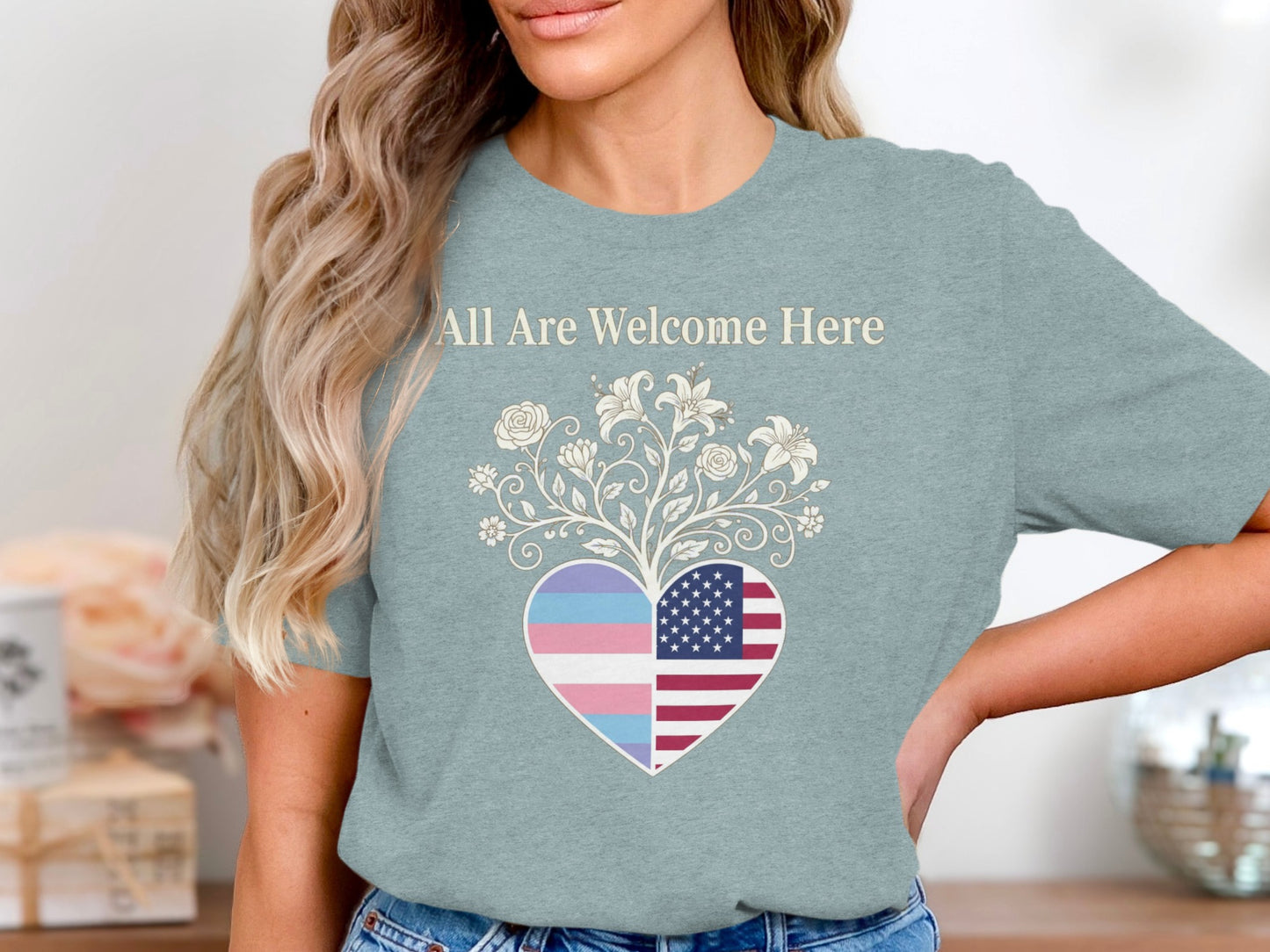 All Are Welcome Here Heart Design T-Shirt product