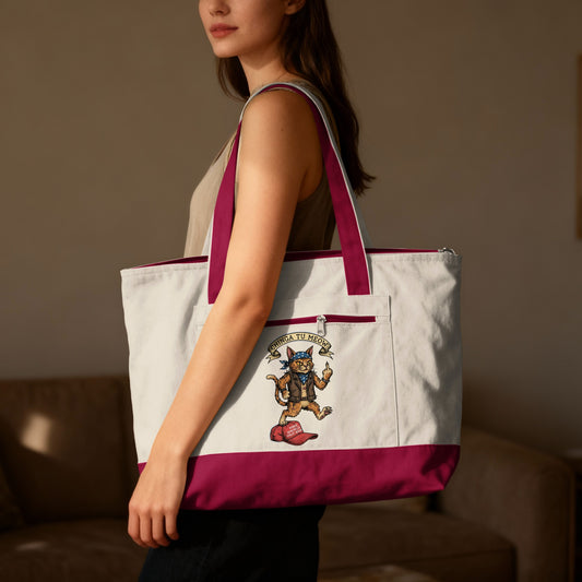 Canvas tote bag with "Beringa Tu Meow" text and a cat graphic.