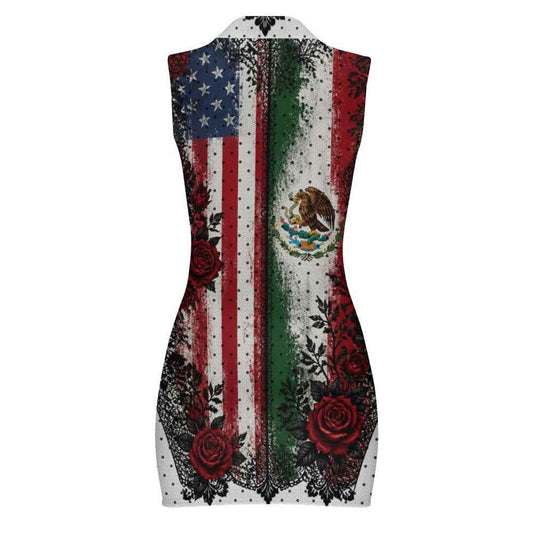 Mexican American Flag Dress, Sleeveless Bodycon Zip Dress for Women, USA Mexico Roses