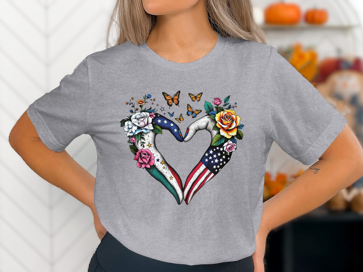 Heart Shaped American Flag Floral Hand Design Shirt