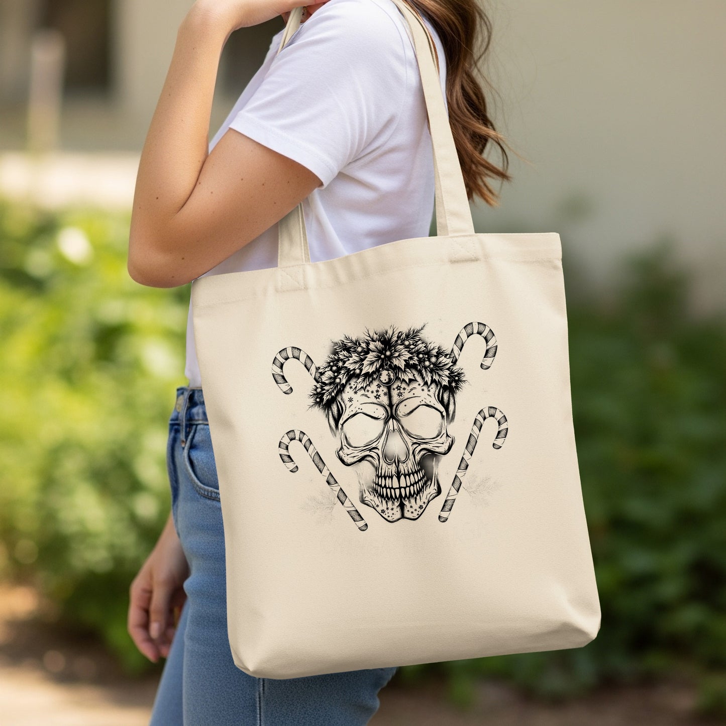 Skull and Candy Cane Graphic Tote Bag Product