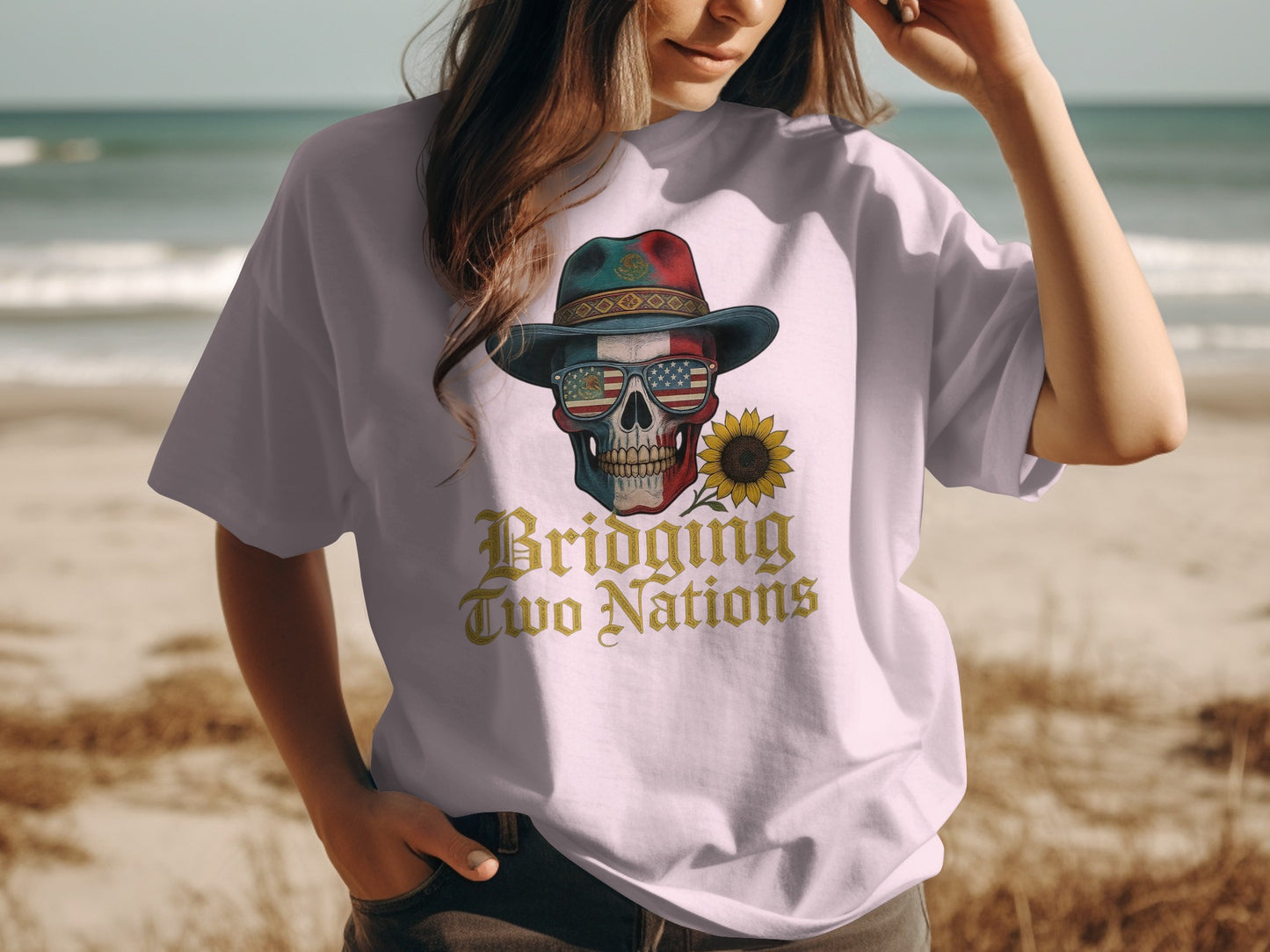 Bridging Two Nations Skull Patriotic Graphic T-shirt