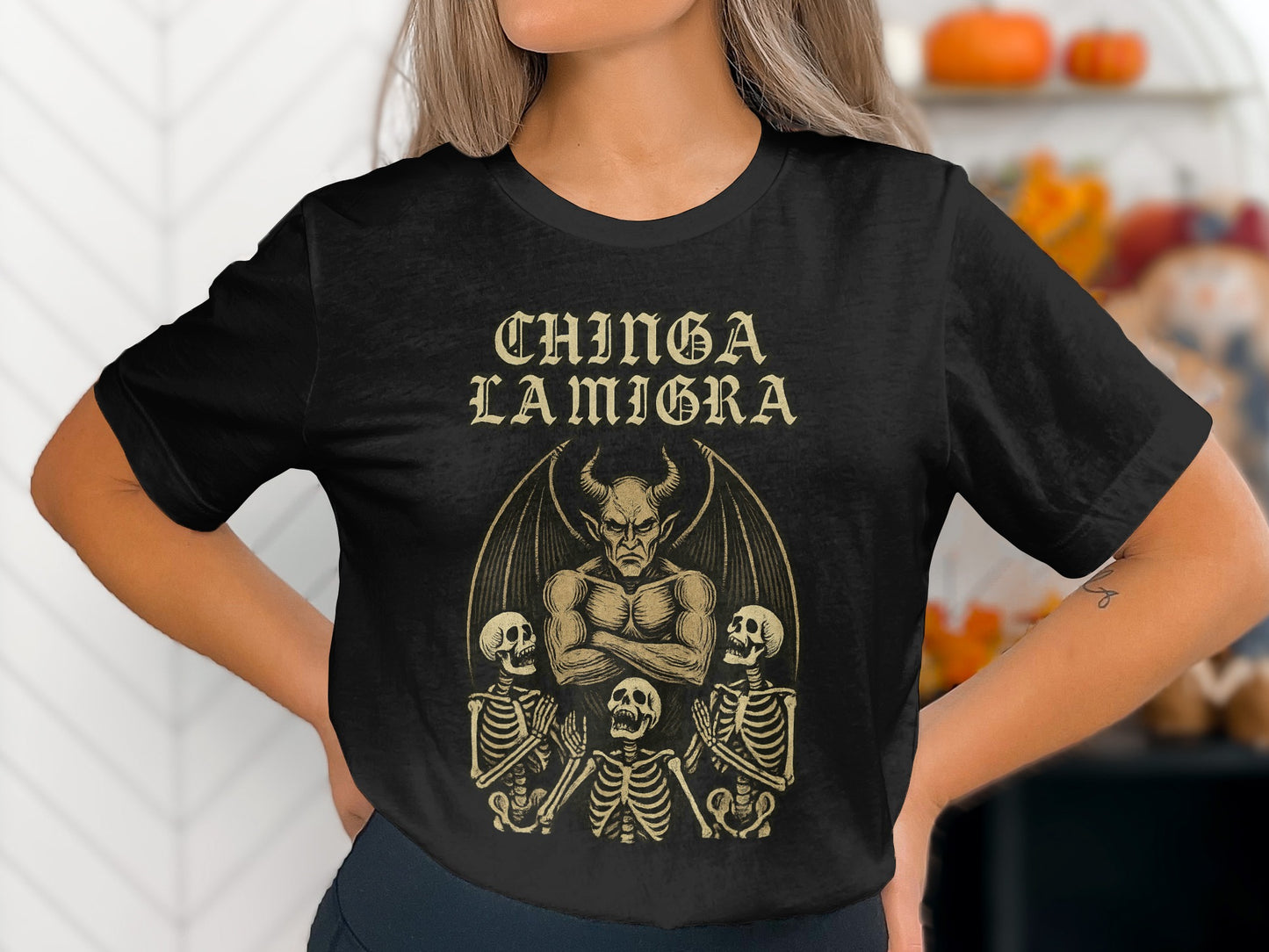Chinga La Migra Gothic Shirt with Devil and Skeletons product