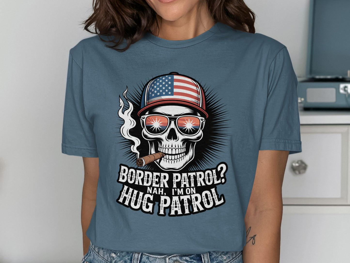 Patriotic Skull Hug Patrol Graphic T-Shirt product type