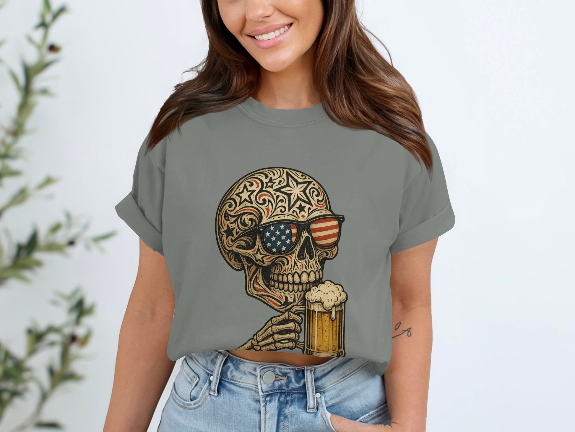 Skull with American Flag and Beer Graphic T-Shirt product