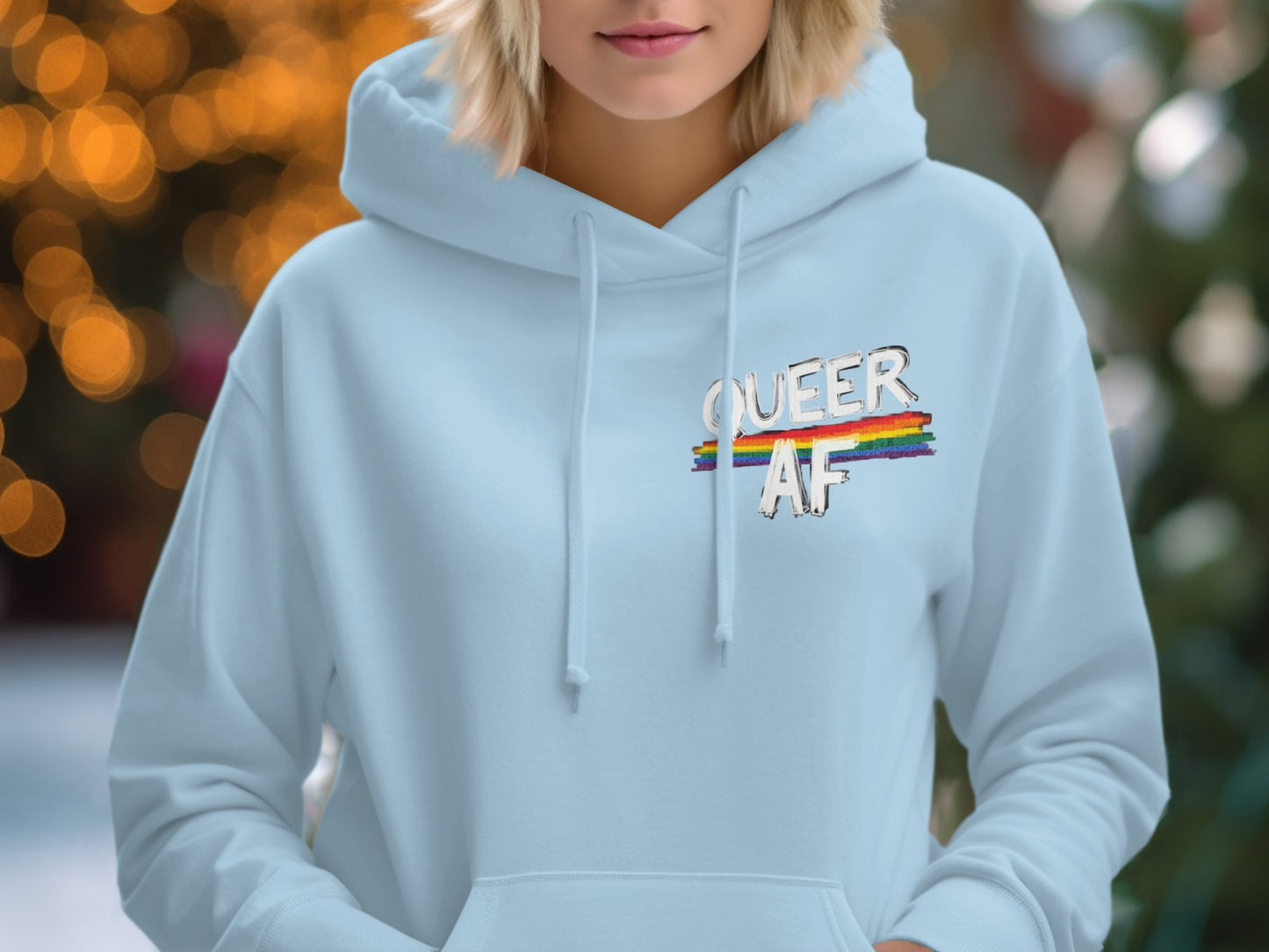 Queer AF Hoodie with Rainbow Design product type