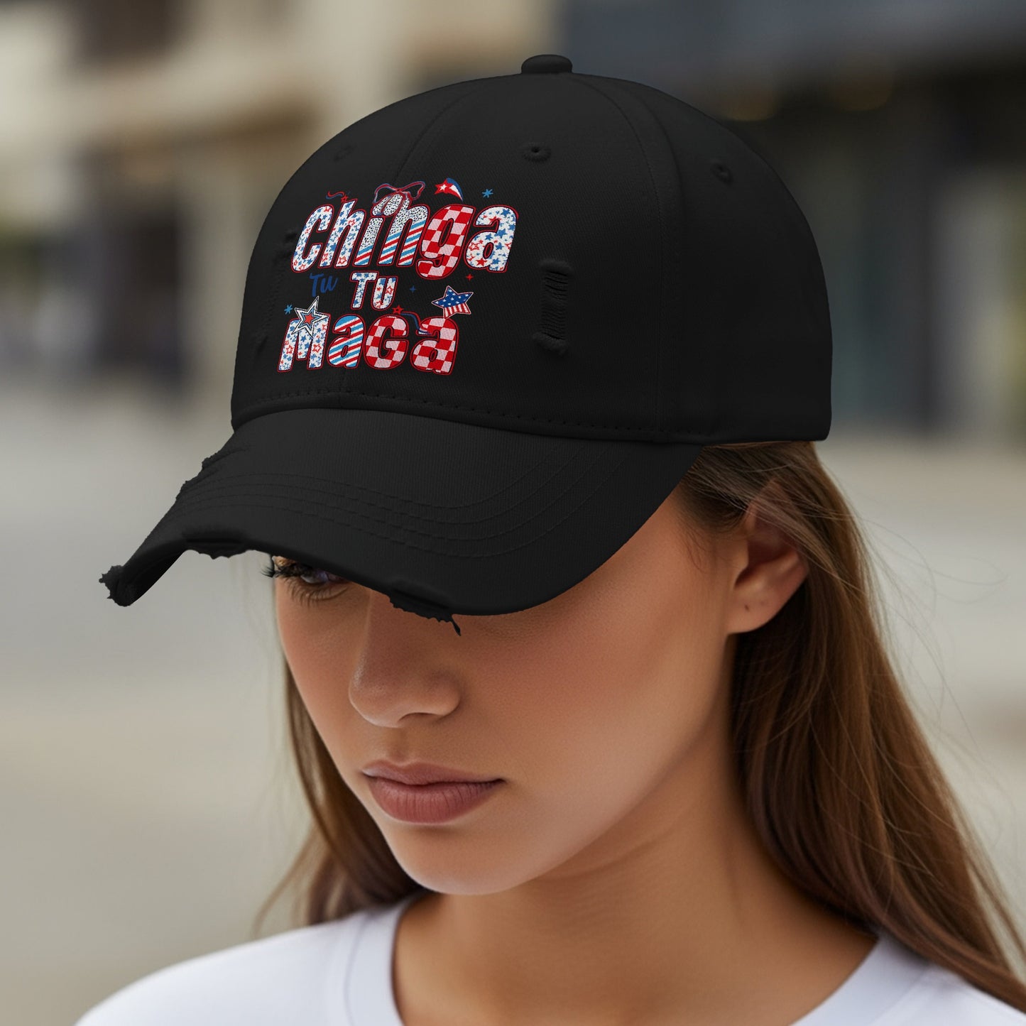 Chinga Tu Maga Embroidered Distressed Cap product type