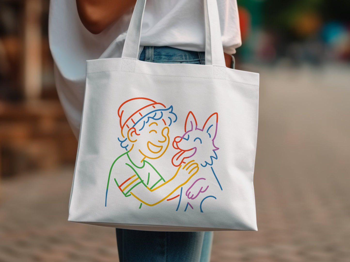 Colorful Design with Happy Kid and Dog Tote Bag Product