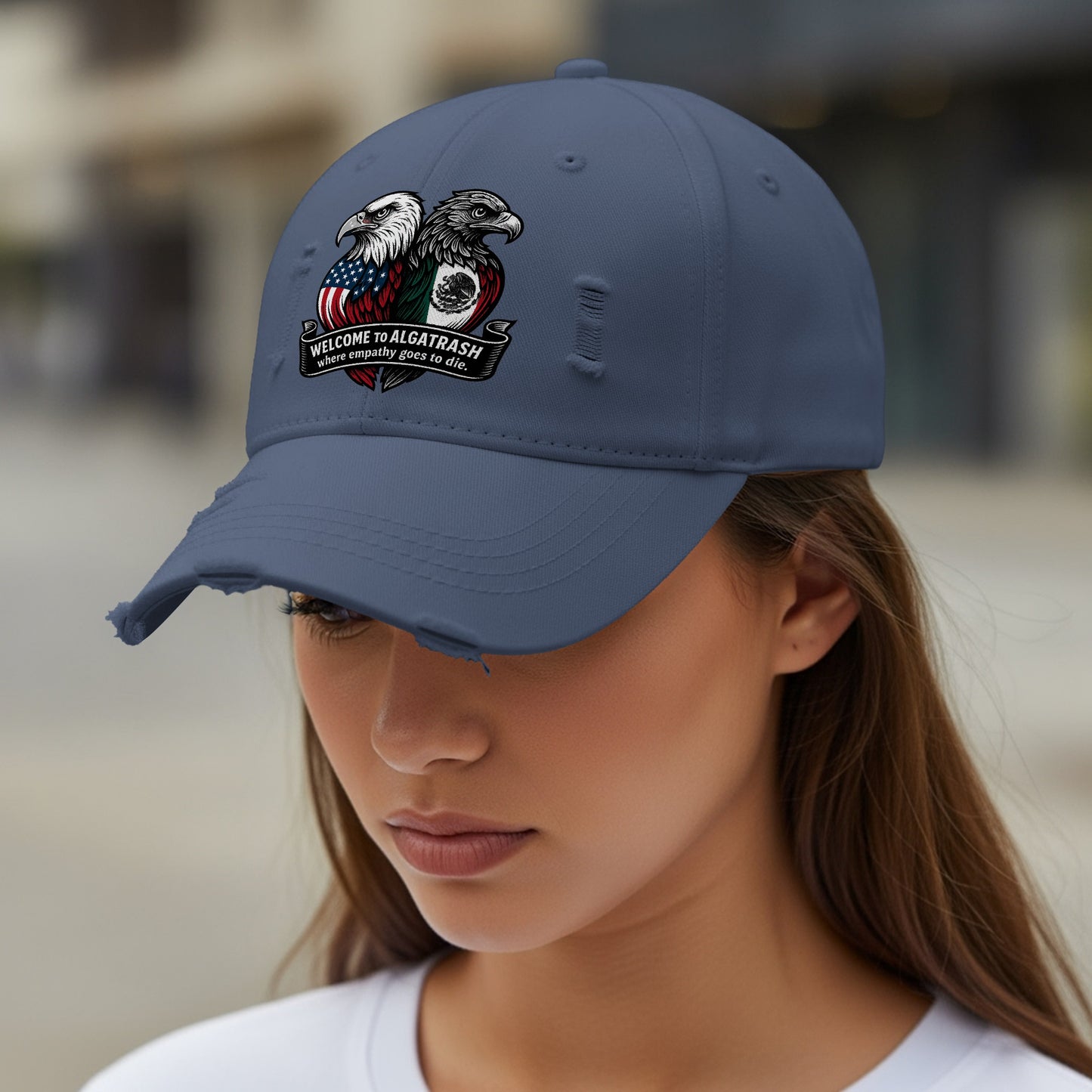 Welcome To Alcatrash Distressed Navy Baseball Cap product type