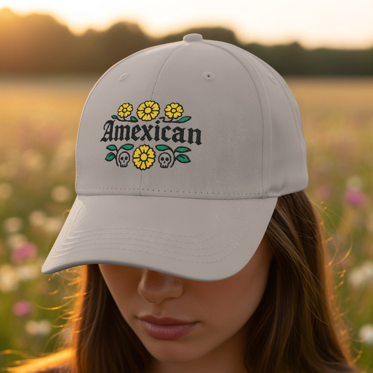 Amexican Skull and Flower Embroidered Cap product type