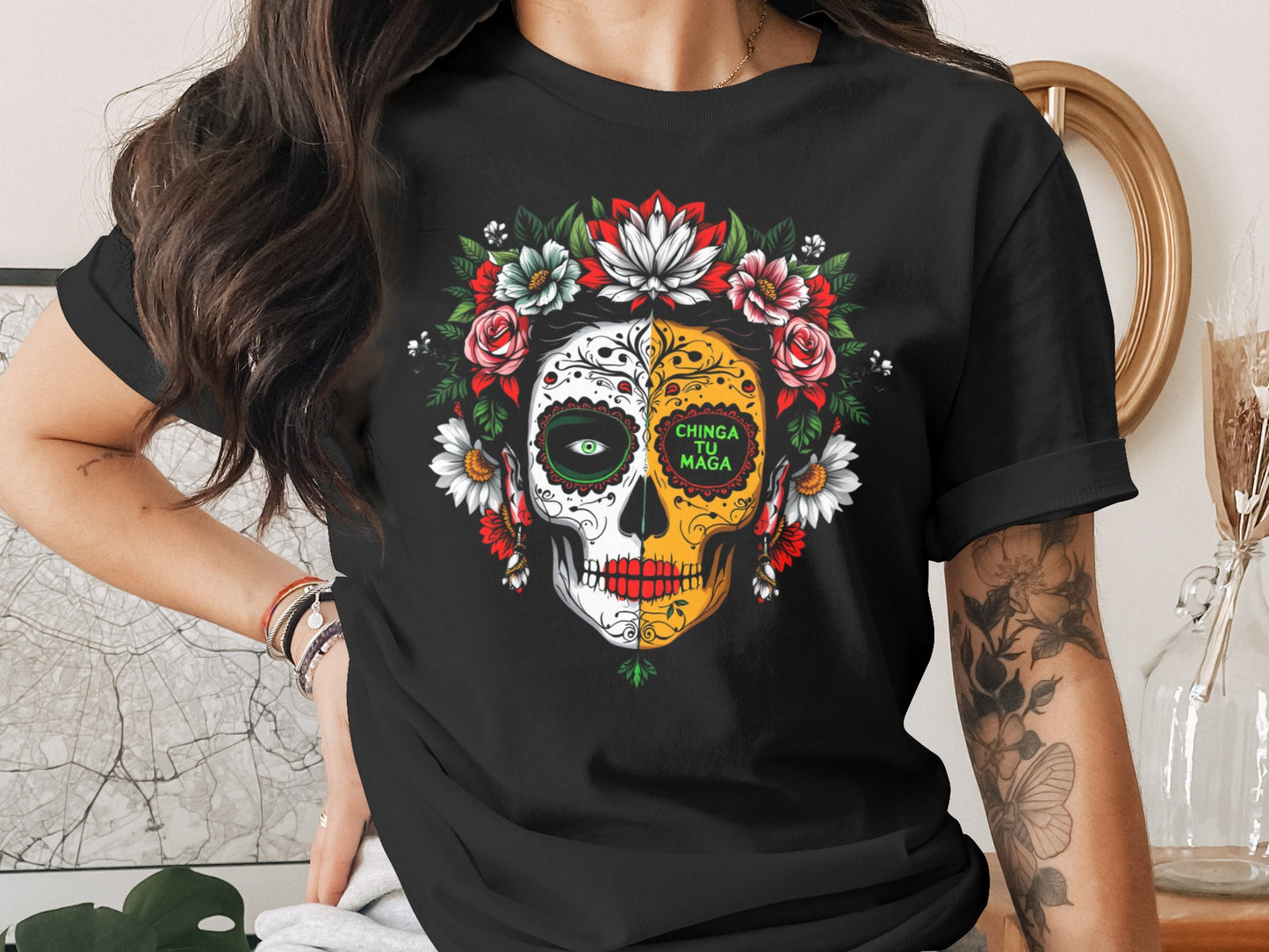 Festive Sugar Skull Design Black Graphic T-Shirt product