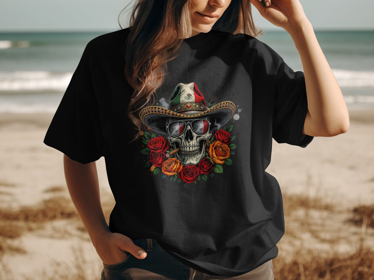Skull in Roses and Hat Design Printed T-Shirt product