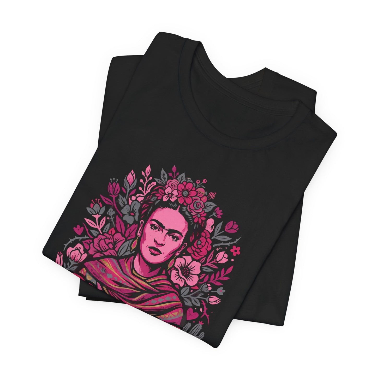 Black t-shirt with Frida Kahlo portrait and floral crown design.