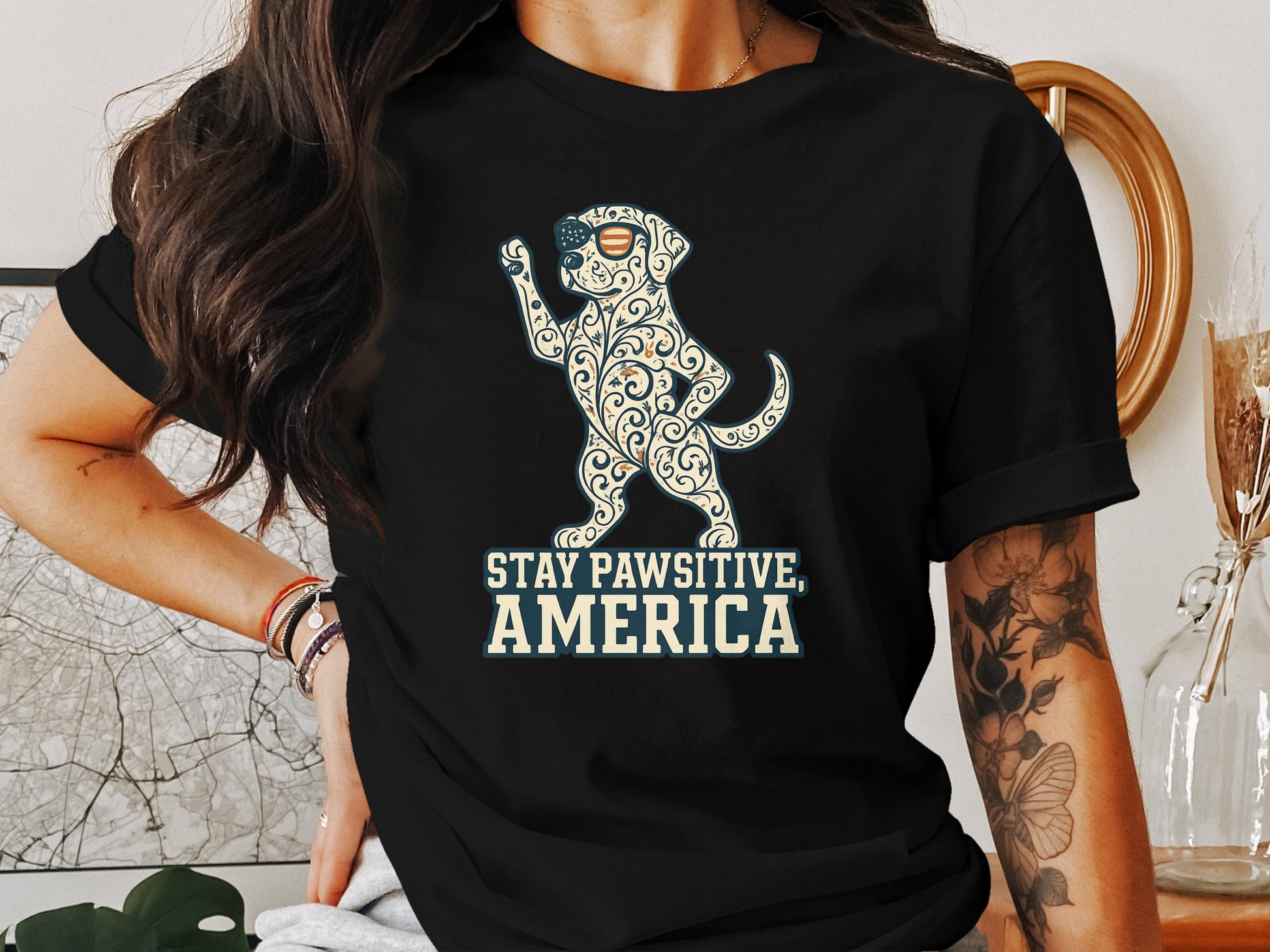 Stay Pawsitive America Black Dog T-Shirt product
