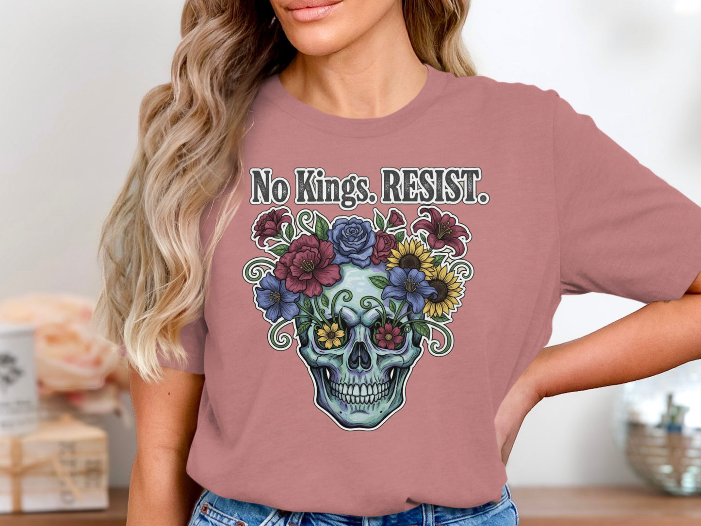 No Kings RESIST Skull Flowers Print T-shirt product