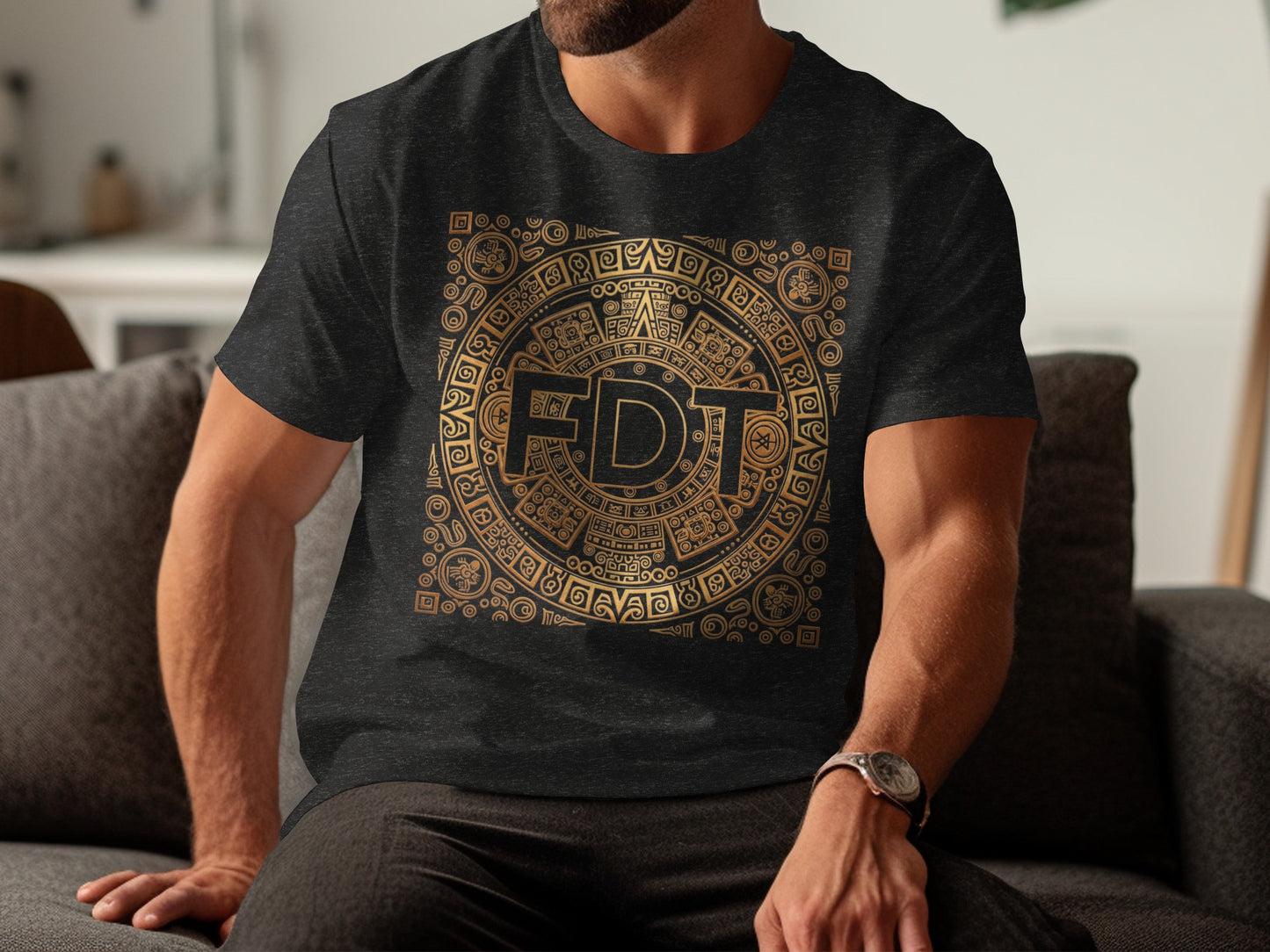 Aztec Inspired Gold Design Graphic Tee shirt Product