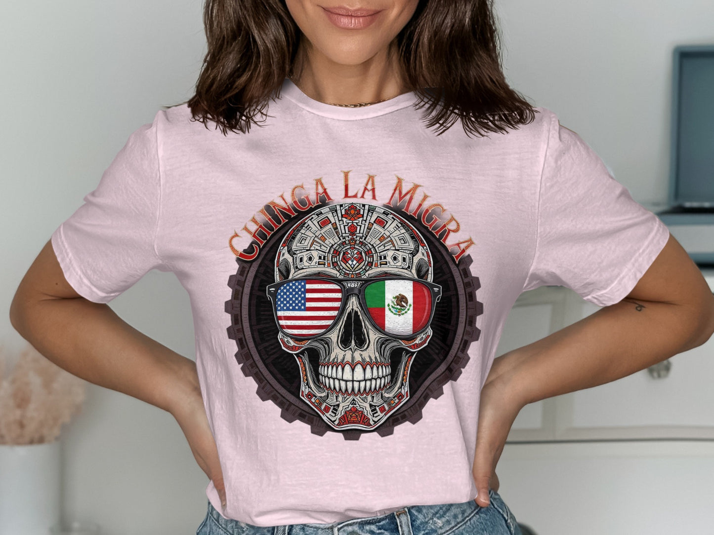 Chinga La Migra Skull with Flags Graphic T-Shirt product type