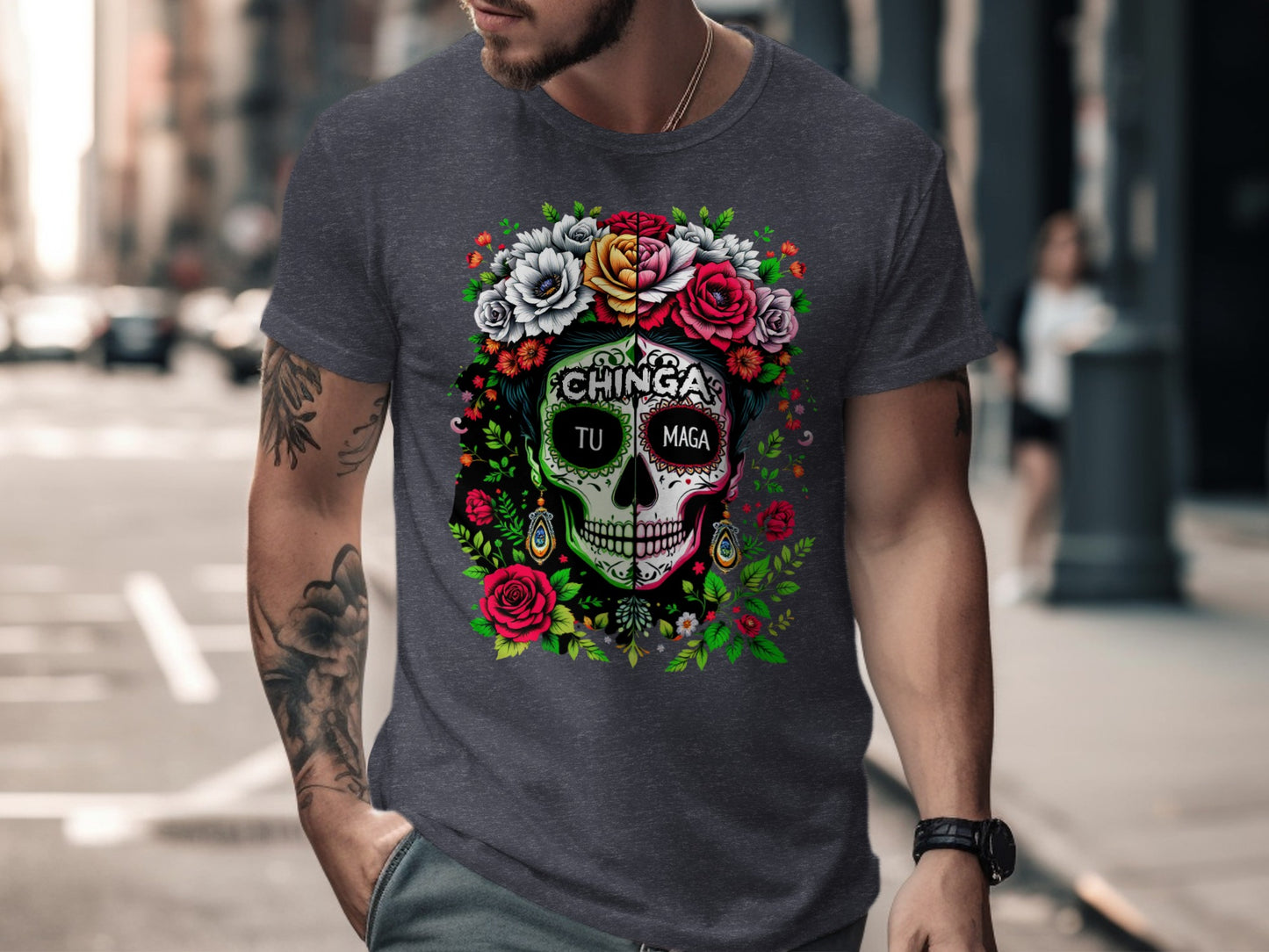 Colorful Skull with Roses Graphic Tee product