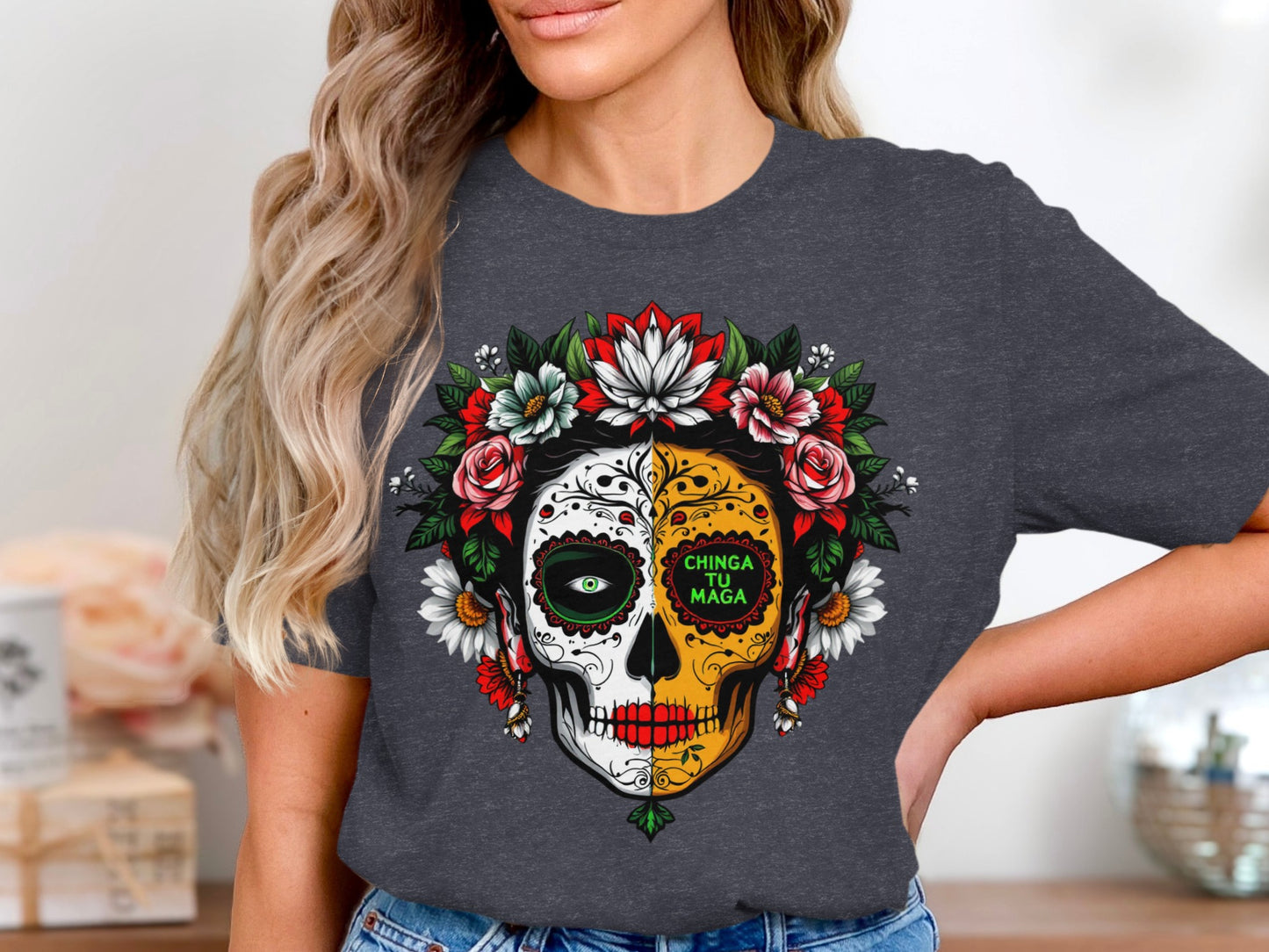 Colorful Sugar Skull Floral Graphic Printed Shirt Product