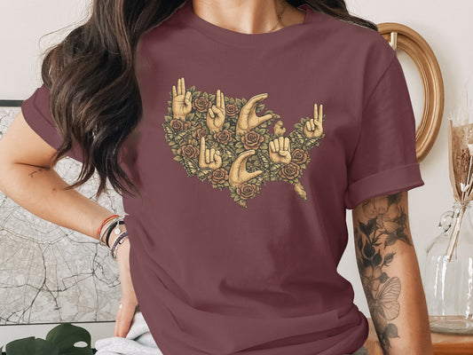 Floral Hand Sign Graphic Map of USA Shirt