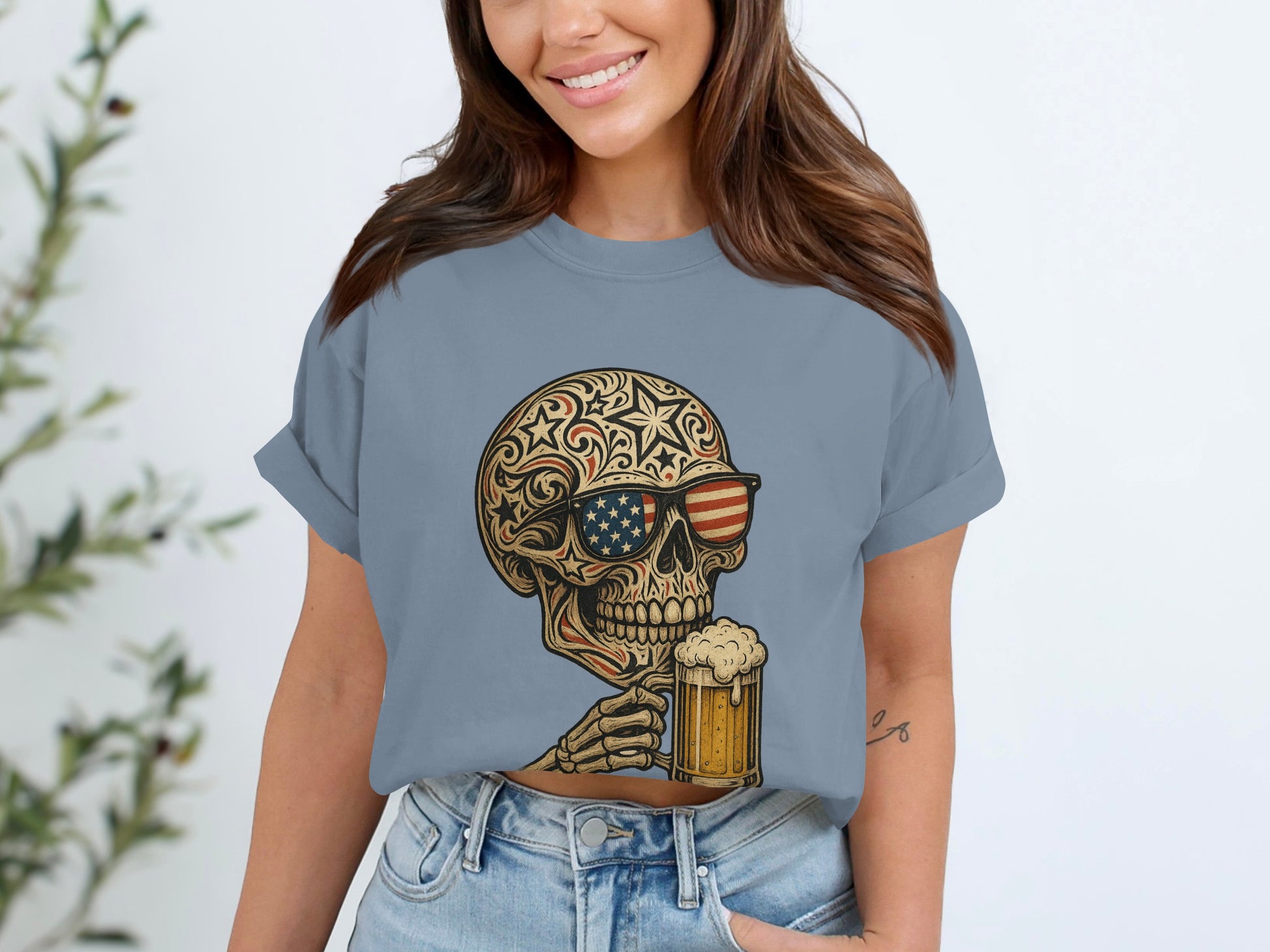 Skull with Beer and American Flag Sunglasses T-shirt product